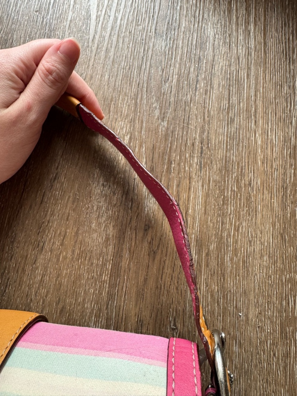 Vintage Coach Striped Pastel Shoulder Bag with Pink Trim and Tan Buckle - Picture 8 of 17